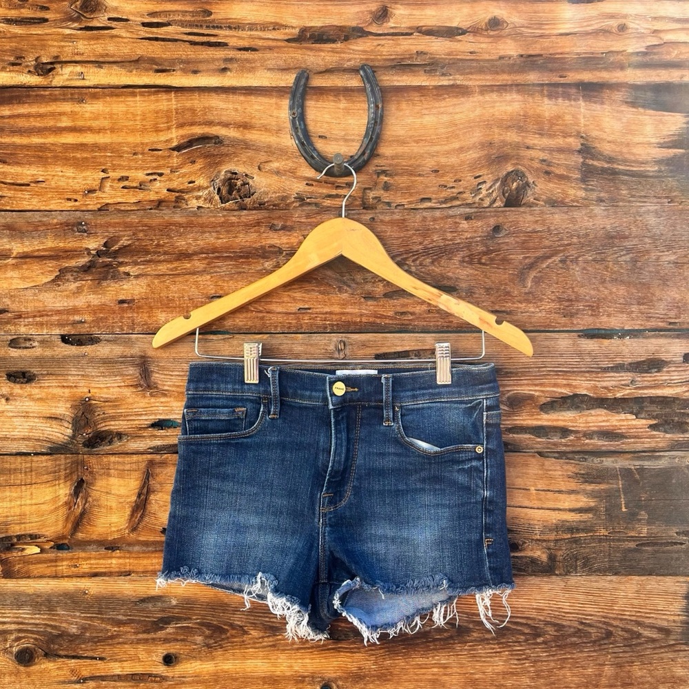 FRAME | Le Cutoff Dark Wash Raw Hem Denim Shorts 25
